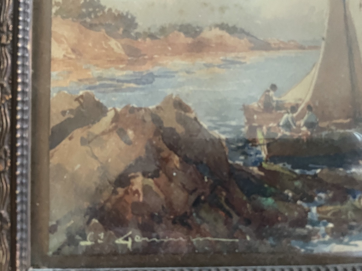 Paire D’aquarelles De Barques Et Pêcheurs -photo-2