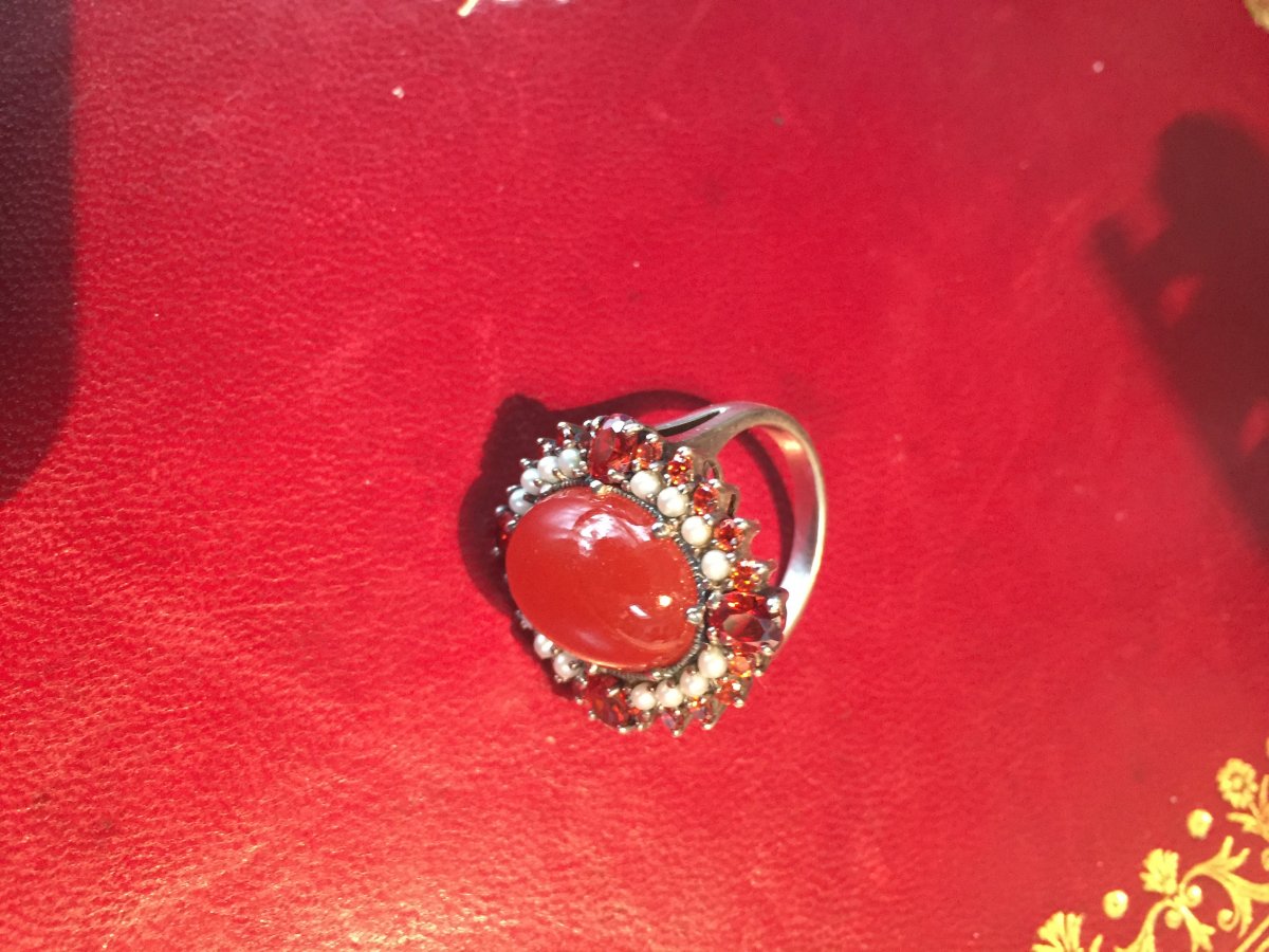 Bague Argent Corail , Grenats, Perles Fines et tourmalines -photo-3