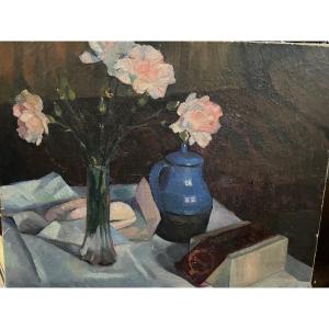 Blue Vase And Roses By Georges Dufrenoy