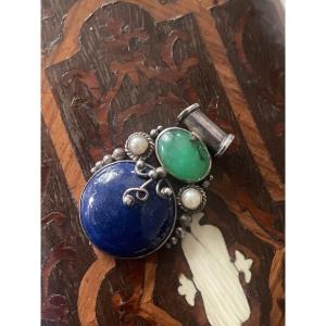 Silver Lapis Lazuli And Jade And Pearl Pendant 