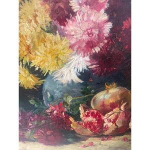 Flowers And Pomegranates By Henri Cauchois 