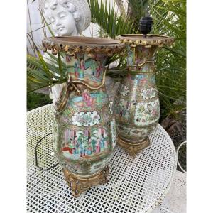 Pair Of Asian Canton Porcelain Vases 