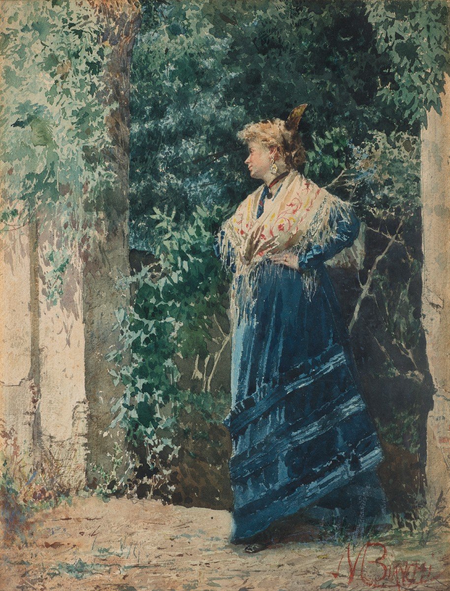 Mosè Bianchi (monza, 1840 – 1904)  Young Woman Into A Garden