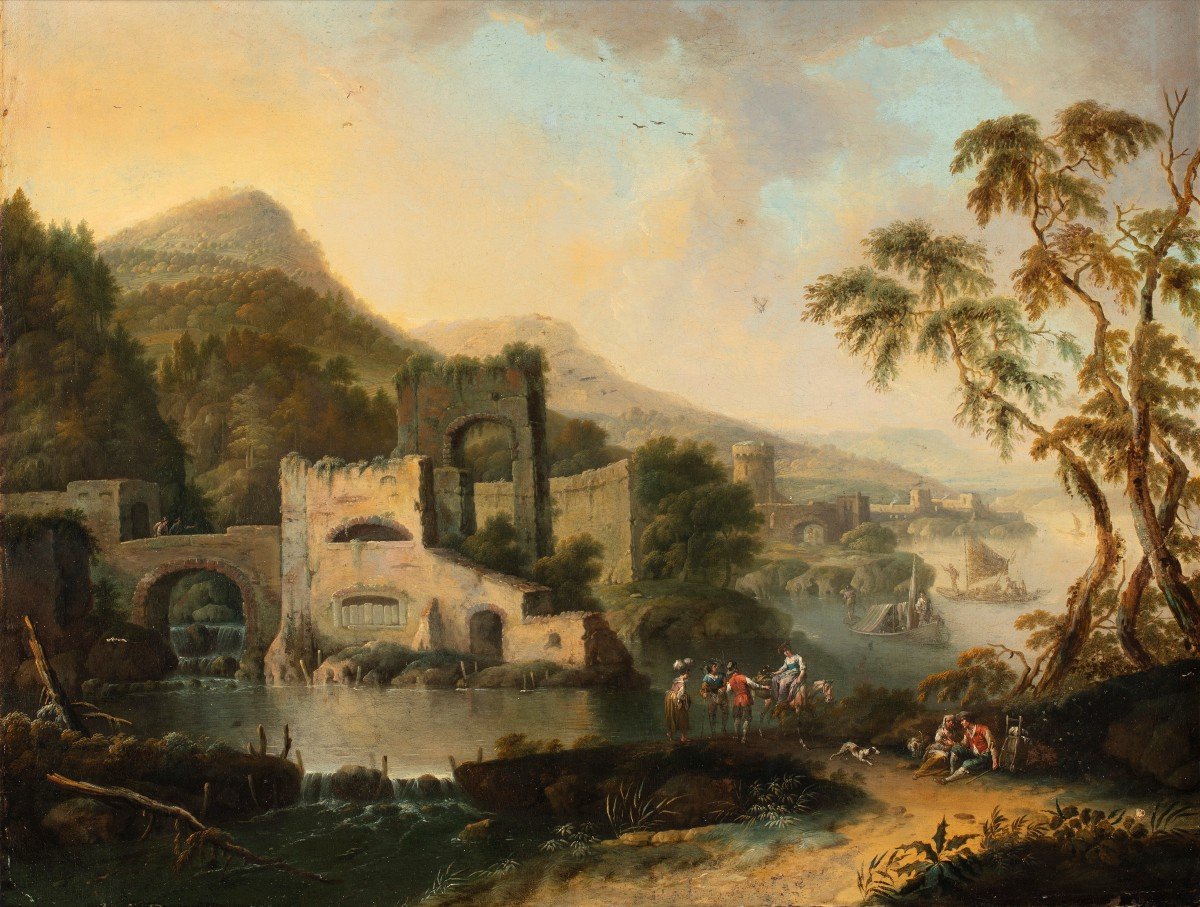 Michele Pagano (napoli, 1697 – Post 1750) Seascape With River, Buildings And Travelers