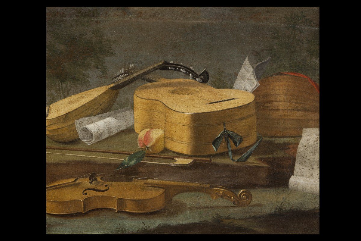 Nature Morte Avec Instruments Musicaux, Partitions Et Une Pêche - "pseudo Resani"