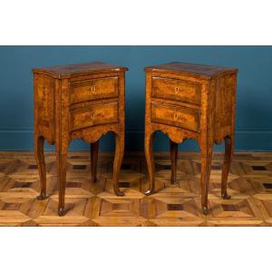 Pair Of Italian Walnut Parquetry Bedside Tables, Mid 18th Century