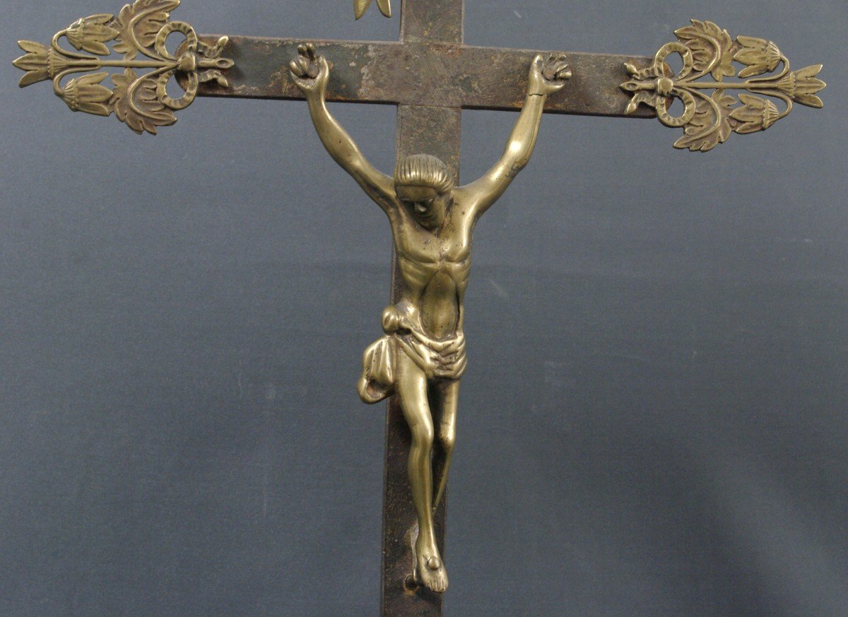 Large Crucifix 17th Bronze And Iron-photo-2