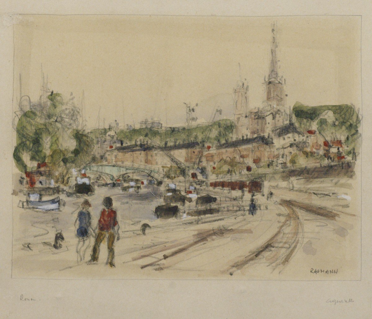 Aquarelle Rouen Par Joseph Raumann vue de la Seine-photo-2