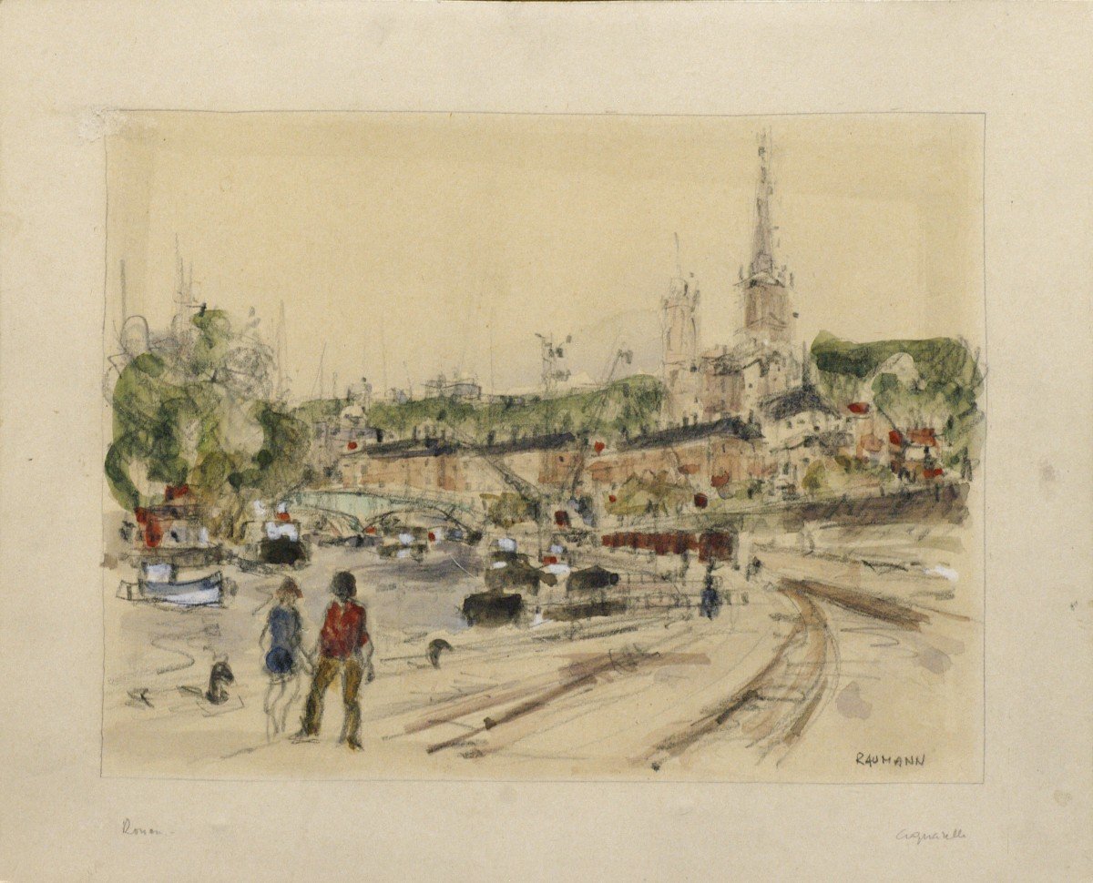 Aquarelle Rouen Par Joseph Raumann vue de la Seine