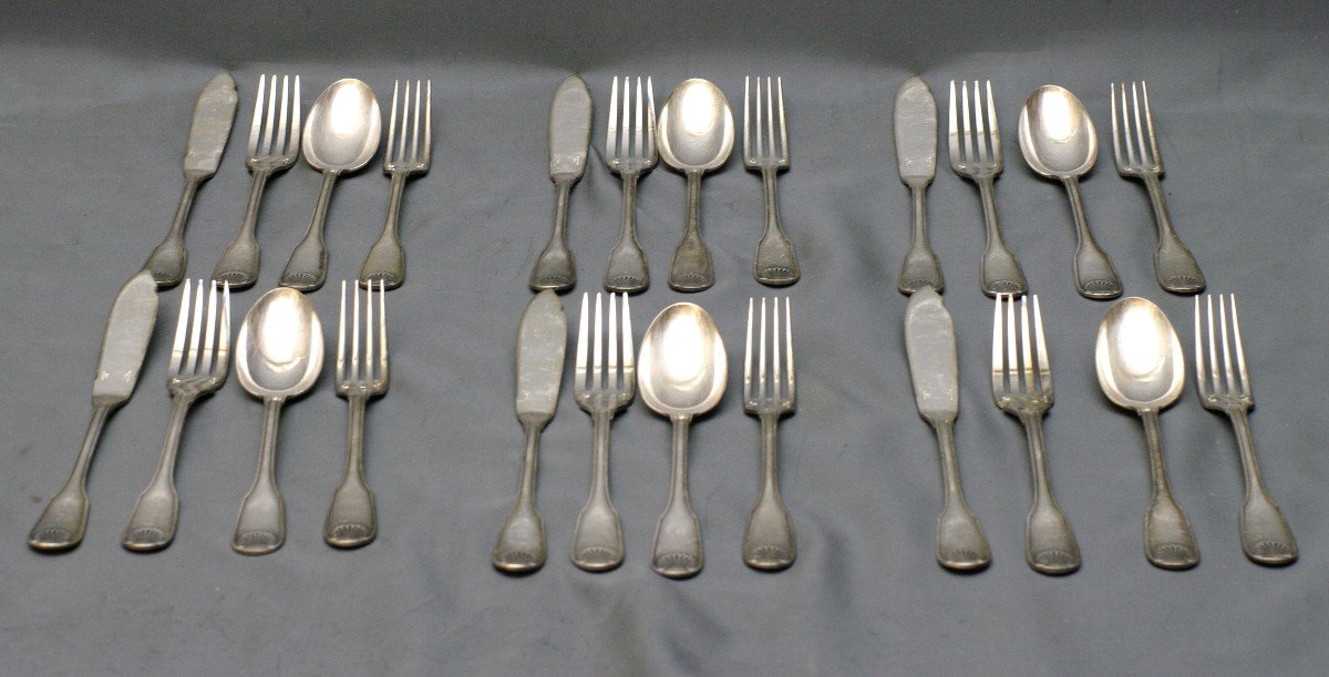 Christofle Service 6 X 4 Pièces à Poissons métal argenté Vendôme coquille