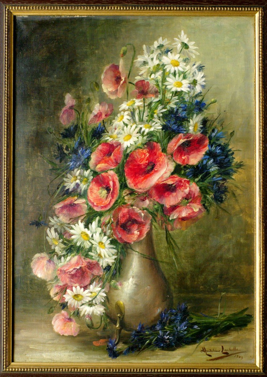 Painting 1909 Madeleine Lasibille Bouquet Wildflowers Poppies Daisies-photo-2