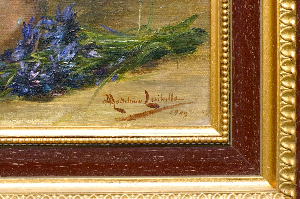 Painting 1909 Madeleine Lasibille Bouquet Wildflowers Poppies Daisies-photo-3