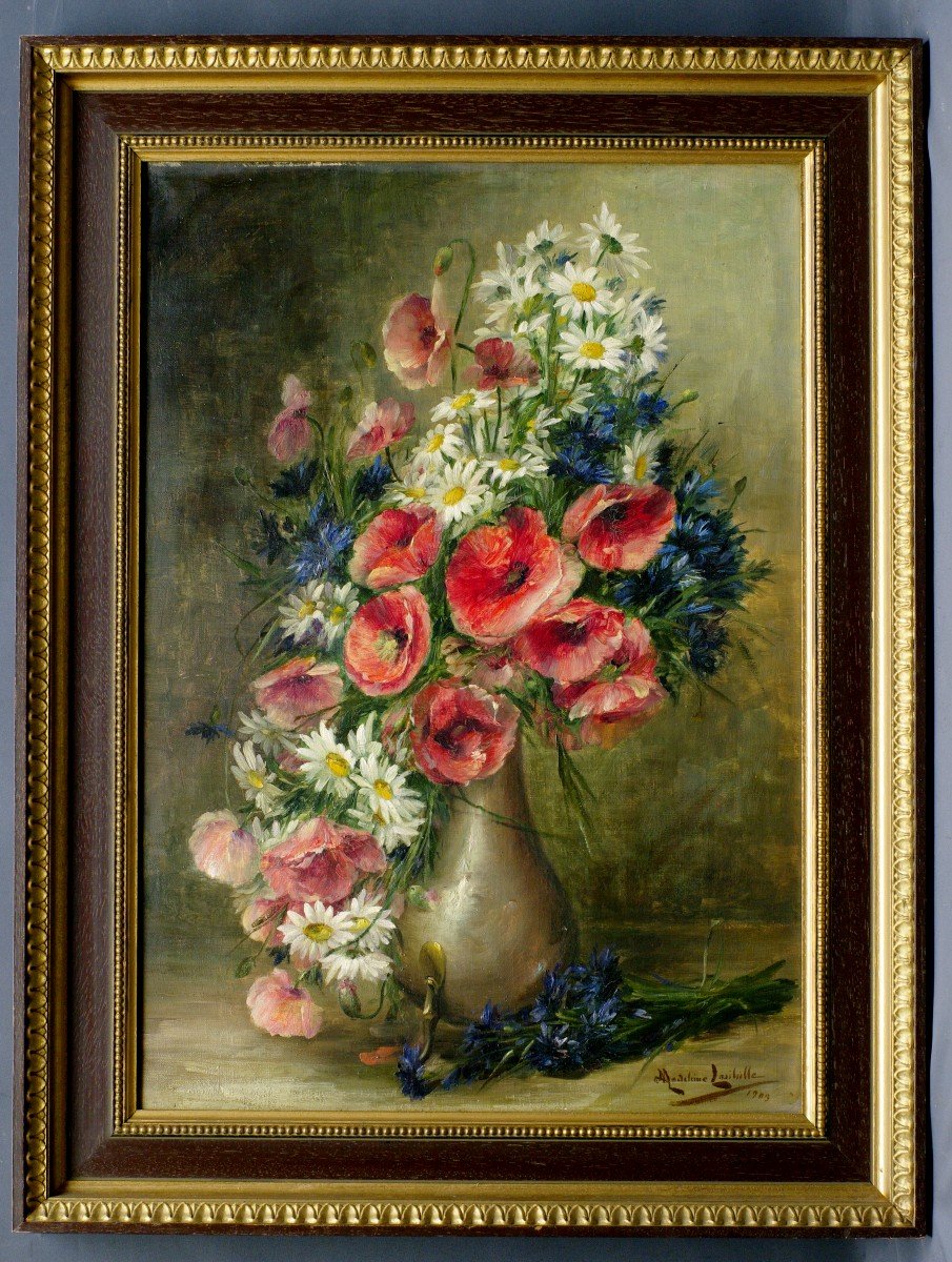 Painting 1909 Madeleine Lasibille Bouquet Wildflowers Poppies Daisies