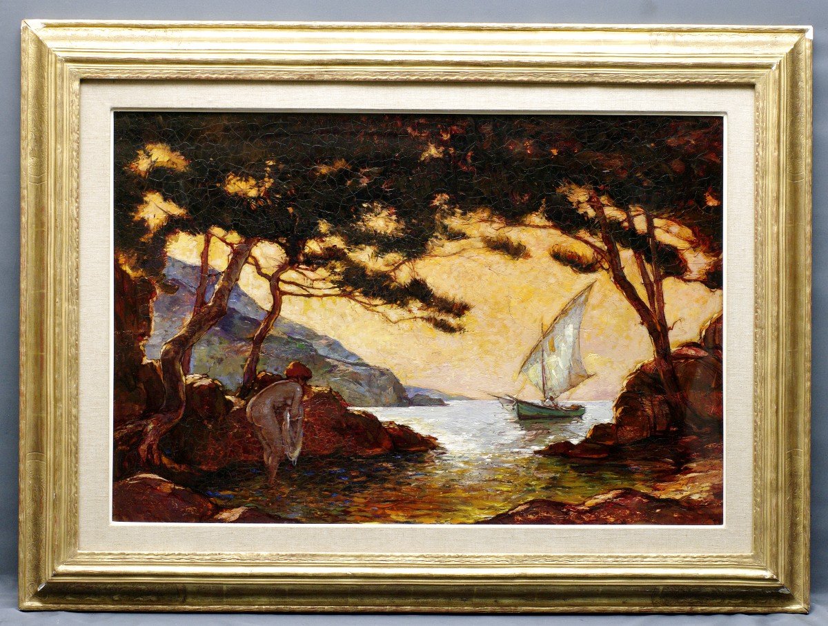 Painting Charles Bisschops 1933 Nude By The Sea Marine Boat-photo-3