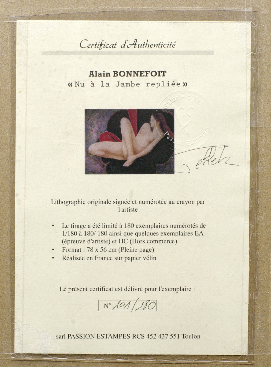 Lithographie Alain Bonnefoit Certificat d'Authenticité Nu à La Jambe Repliée-photo-3