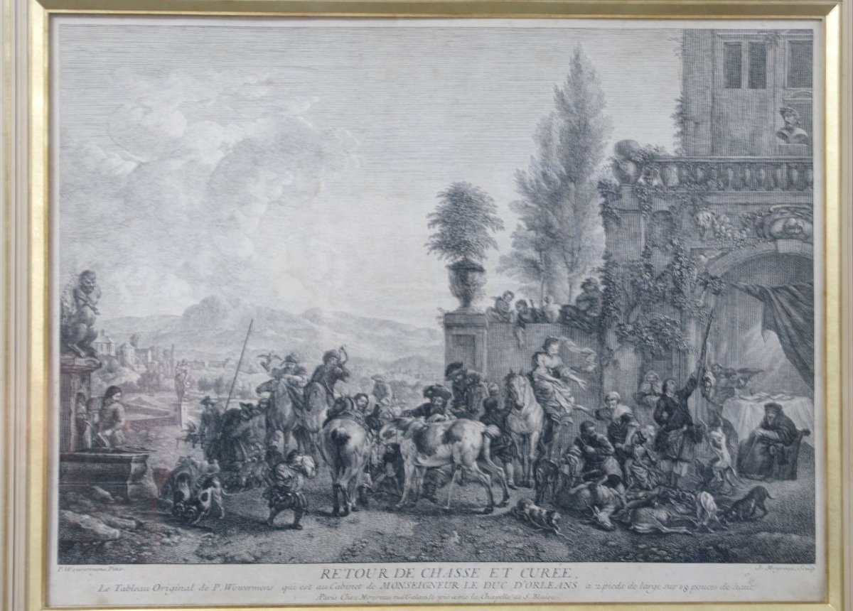 Gravure Vers 1750 Retour De Chasse Et Curée Jean Moyreau & Philips Wowermens-photo-2