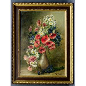 Painting 1909 Madeleine Lasibille Bouquet Wildflowers Poppies Daisies