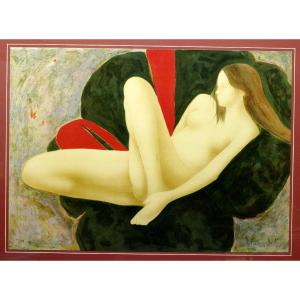 Lithograph Alain Bonnefoit Certificate Of Authenticity Nude With Bent Leg