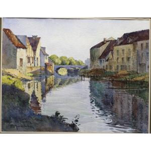 Watercolor Dijon Les Tanneries P. Monnier Early 20th Century