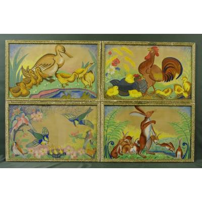 Gouaches Decor Children's Room 1925 Art-deco Suite Of 4 Frames