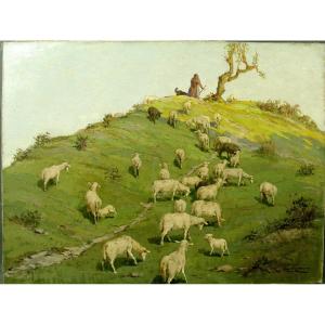 Tableau Giulio Vittini Bergère Et Troupeau De Moutons Vers 1930