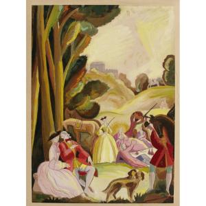 Gouache 1925 Art-deco Lunch On The Grass Or The Rest Riding