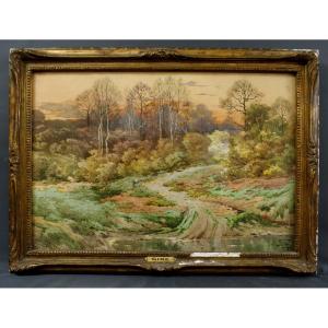 Aquarelle Hippolyte Gide Crépuscule En Forêt De Fontainebleau