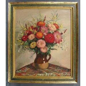 Painting Bouquet Of Peonies And Mimosa Flowers By Hians 1930