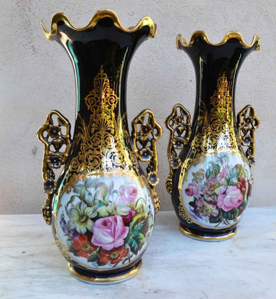 Pair Of Large Vases In Valentine Napoleon Iii Period Porcelain