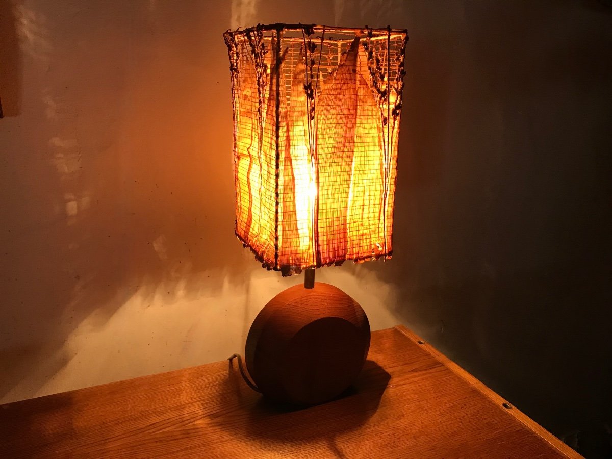 Teak Lamp And Corn Leaf Lampshade, Circa 1980.-photo-2