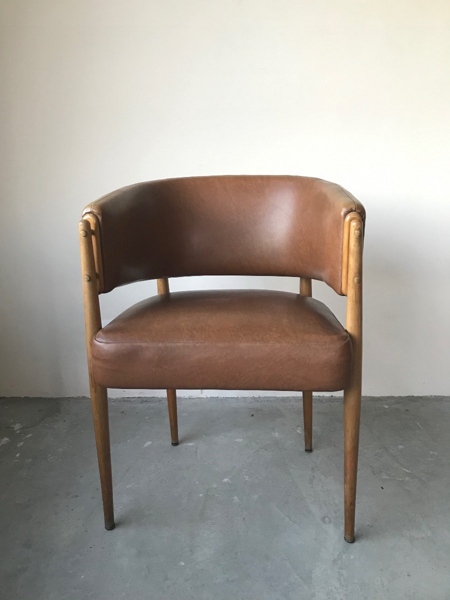 Armchair In Brown Leatherette Around 1950.-photo-2