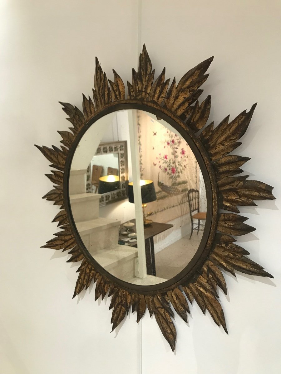 Sun Mirror Decorated With Golden Leaves, Circa 1950.-photo-2