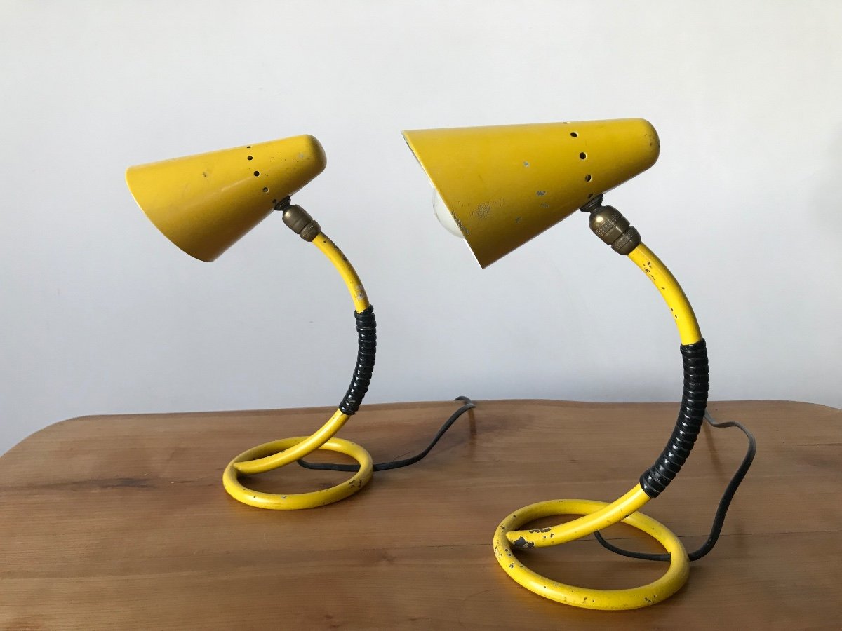 Paire de lampes de chevets jaunes années 50.-photo-2