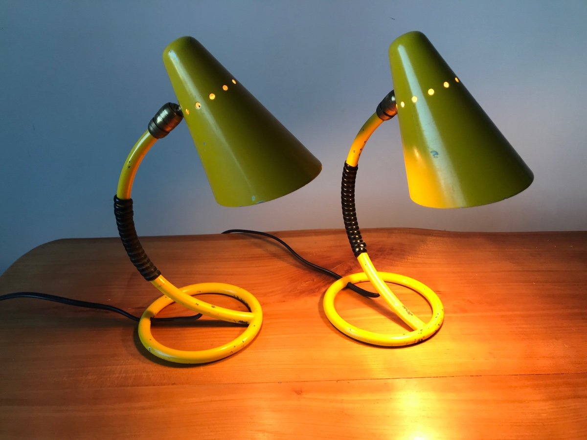 Pair Of Yellow Bedside Lamps From The 1950s.-photo-4