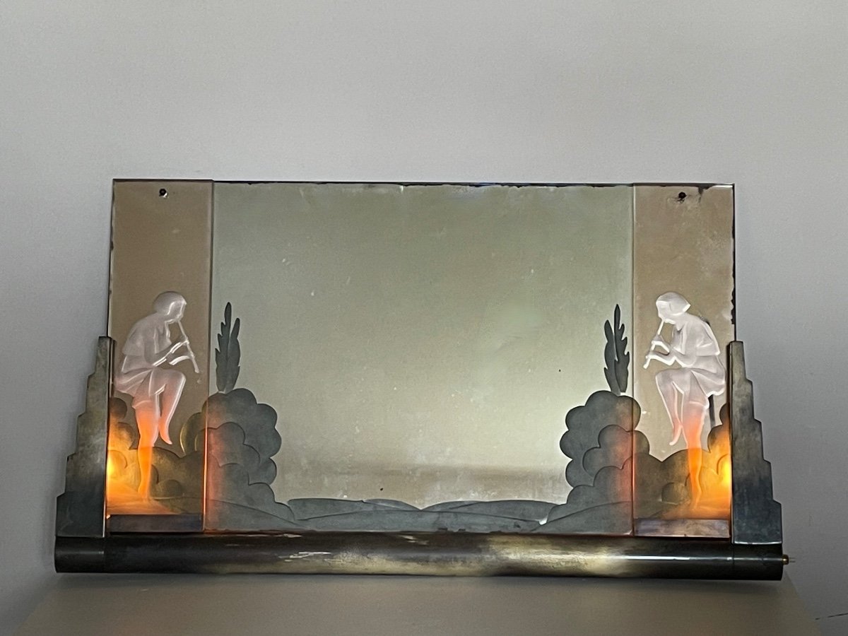 Miroir Art-déco lumineux à décor de joueurs de flutes, vers 1940.-photo-3