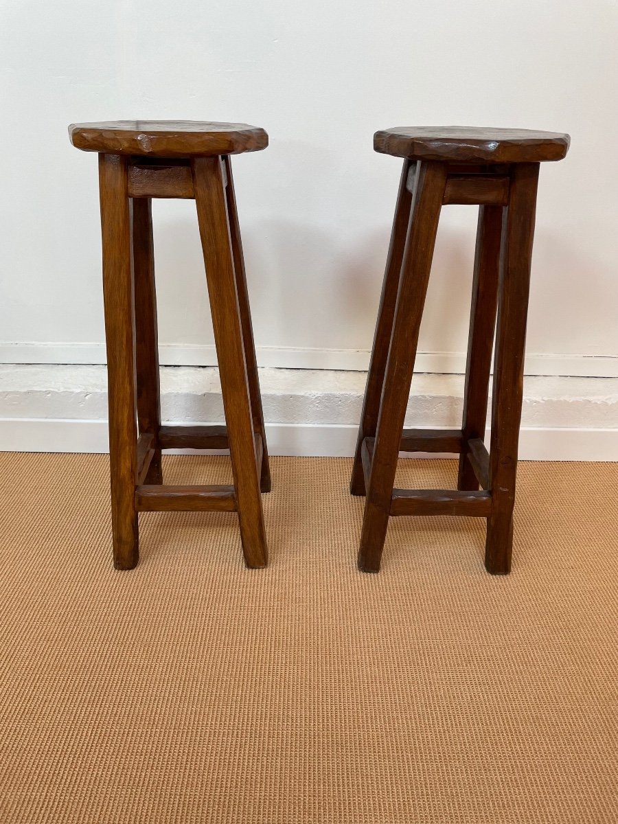 Pair Of Solid Wood Brutalist Stools-photo-2