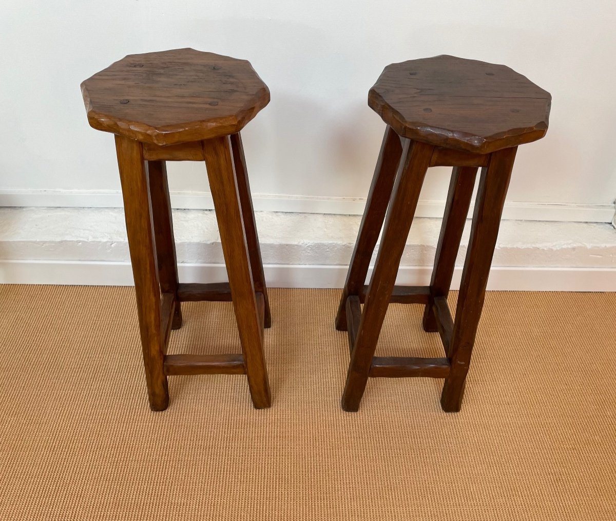 Pair Of Solid Wood Brutalist Stools