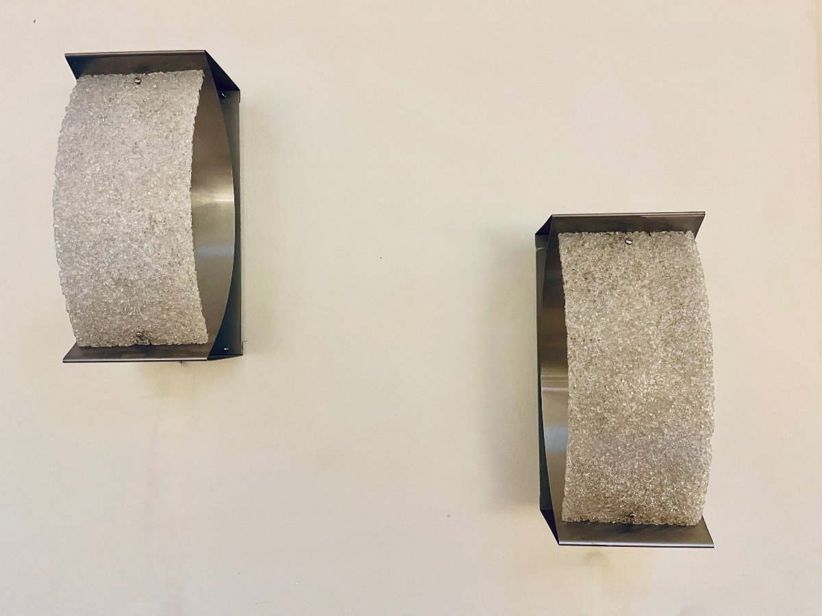 Pair Of Brushed Steel And Perspex Wall Lights, Circa 1970.