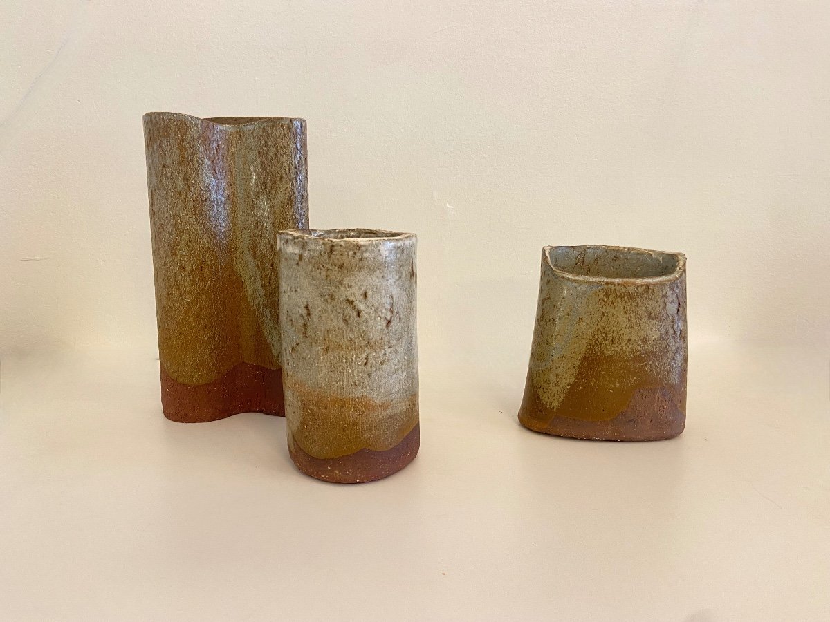 Ensemble de 3 vases en terre cuite émaillée.-photo-2