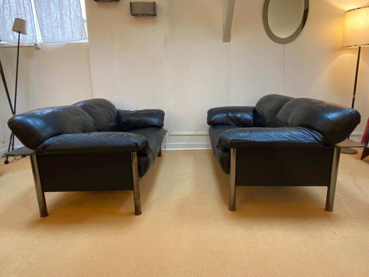 Pair Of Black Leather Sofas Produced By Poltrona Frau, Circa 1980/1990.-photo-3