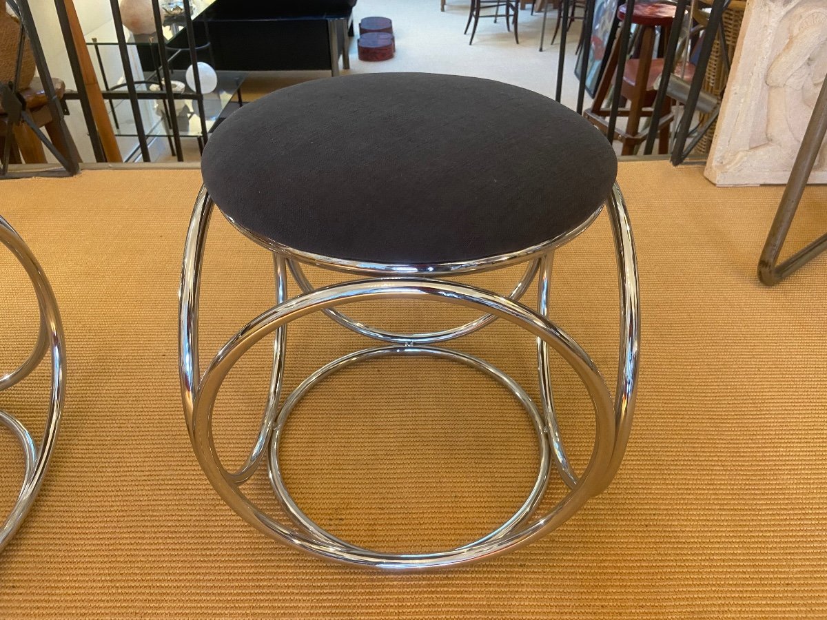 Pair Of Openwork Chrome Stools, Circa 1970.-photo-2