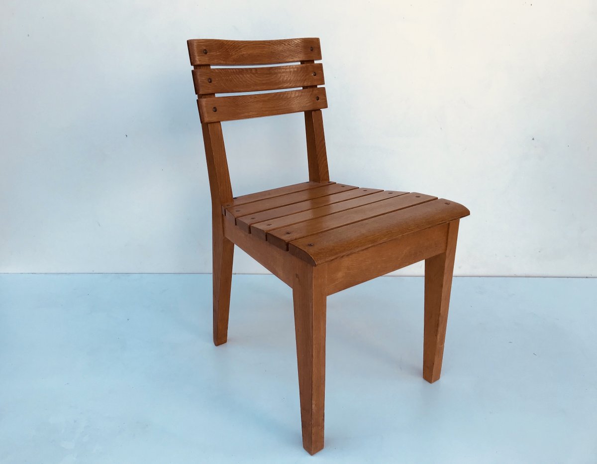 Suite Of 6 Oak Chairs By Charles Dudouyt For La Gentilhommière, France, Circa 1960-photo-2