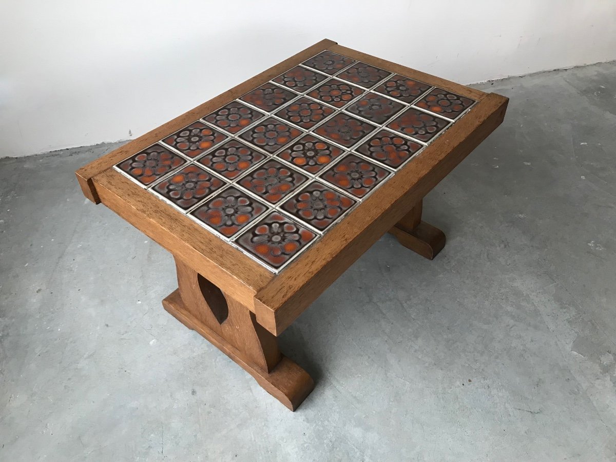 Ceramic And Oak Coffee Table, Guillerme And Chambron, Circa 1950.-photo-1