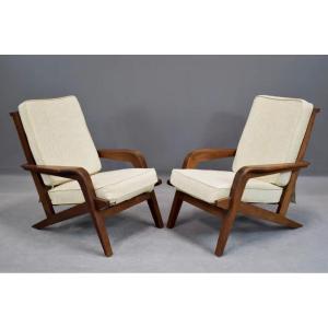 Pair Of Oak Armchairs In The Style Of Pierre Guariche, Around 1950.