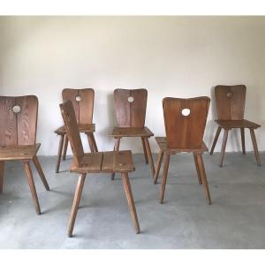 Suite Of 6 Savoyard Chairs In Solid Wood, Circa 1950.