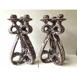 Pair Of Ceramic Candelabra Or Candlesticks By Marius Guige In Vallauris.