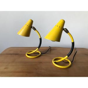 Pair Of Yellow Bedside Lamps From The 1950s.