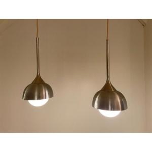 Pair Of Brushed Metal Pendant Lights.