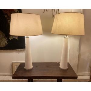 Pair Of Modernist Stone And Bronze Lamps.