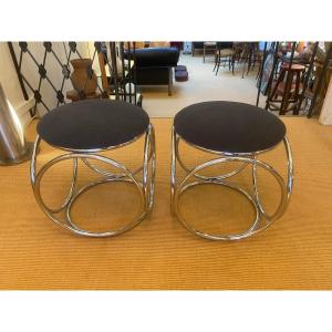 Pair Of Openwork Chrome Stools, Circa 1970.